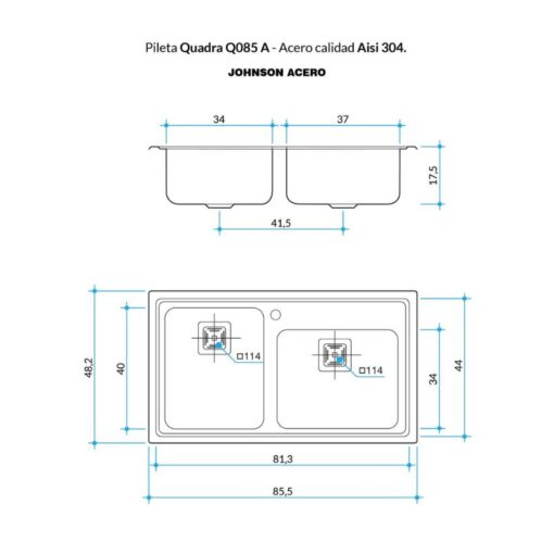 Pileta Doble Quadra Johnson Q85AD/D 85,5cmx48,2cmx17,5cm A - Imagen 2