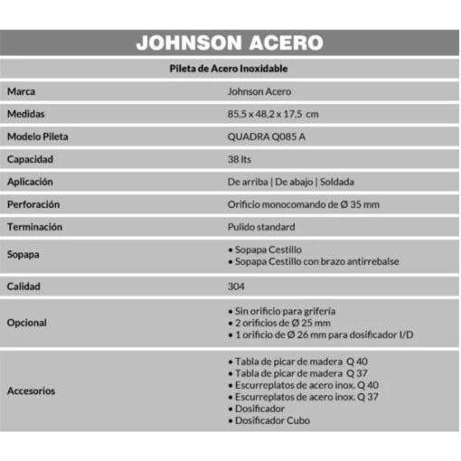 Pileta Doble Quadra Johnson Q85AD/D 85,5cmx48,2cmx17,5cm A - Imagen 3