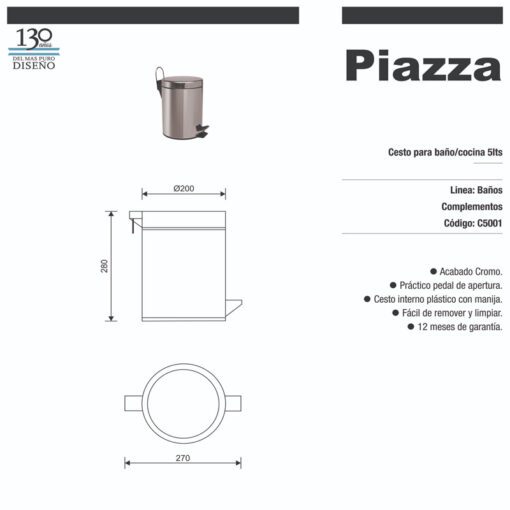 Cesto 5 Lts con Pedal Acero Inoxidable Cromo Piazza C5001 - Imagen 2