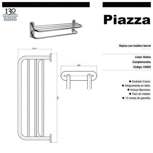 Repisa con Toallero Barral Piazza Cromo C5003 - Imagen 2