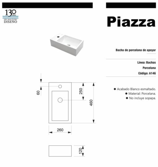Bacha de Porcelana de Apoyar A146 Piazza - Imagen 2