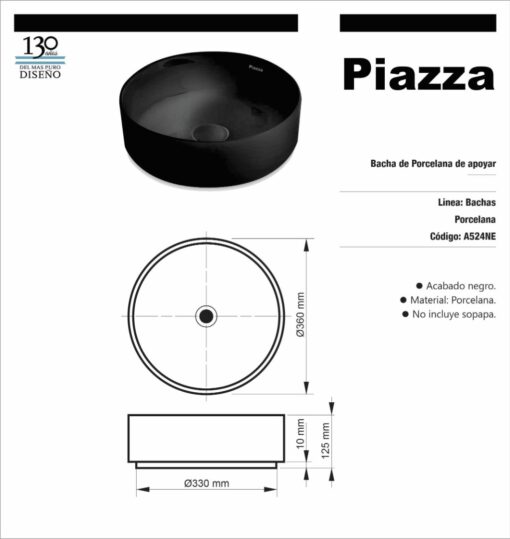 Bacha De Porcelana negra Piazza A524NE - Imagen 2