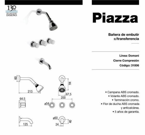 Ducha De Embutir Con Transferencia cromo Domani Piazza 31006 - Imagen 2