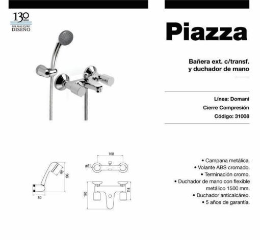 Ducha Exterior con transferencia y duchador de mano Cromo Domani Piazza 31008 - Imagen 2