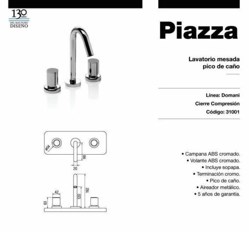 Lavatorio Mesada Pico De Caño cromo Domani Piazza 31001 - Imagen 2