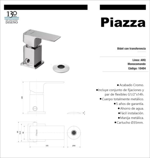 Grifería para Bidet con Transferencia cromo ARQ Piazza 10404 - Imagen 2
