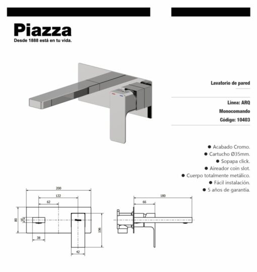 Grifería para Lavatorio de Pared cromo ARQ Piazza 10403 - Imagen 2