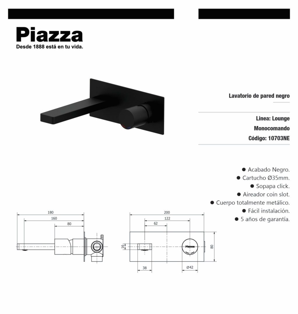 Lavatorio de Pared monocomando negro ARQ Piazza 10403NE