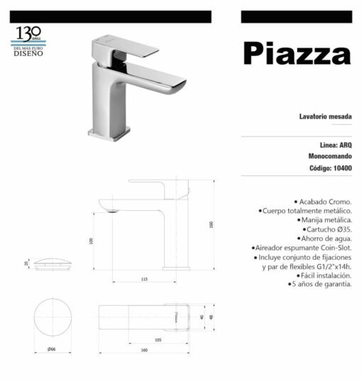 Lavatorio Alto monocomando Cromo ARQ Piazza10402 - Imagen 2
