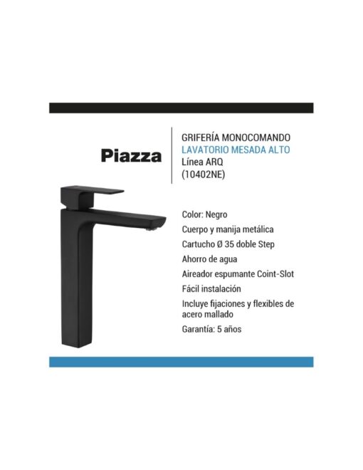 Lavatorio de Mesada Alto Negro ARQ Piazza 10402NE - Imagen 2