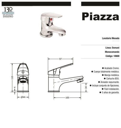 Lavatorio de Mesada cromo Domani Piazza 10600 - Imagen 2