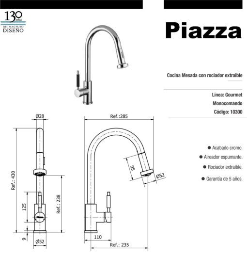 Grifería Cocina Mesada Cromo con Rociador Extraíble Gourmet Piazza 10300 - Imagen 2