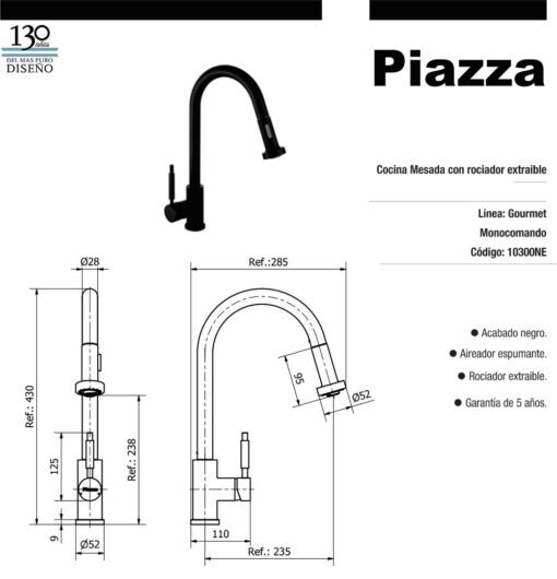 Grifería cocina mesada Gourment con rociador extraíble negra Gourmet Piazza 10300NE - Imagen 2