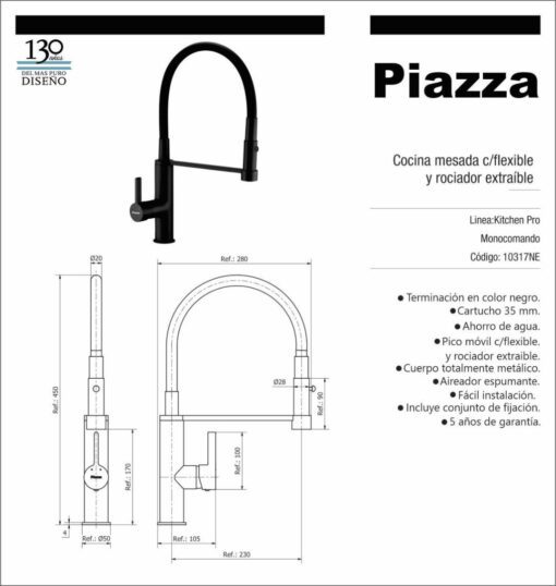 Griferia Cocina Mesada Negro Kitchen Pro Piazza 10317NE - Imagen 2