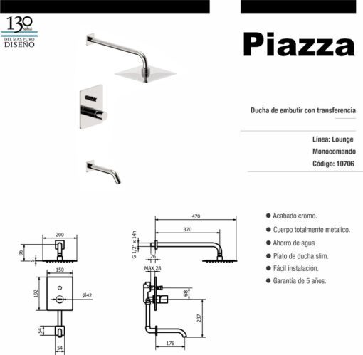 Ducha de embutir con transferencia cromo Lounge Piazza 10706 - Imagen 2