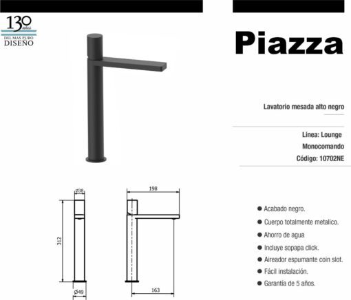 Lavatorio mesada alto negro Lounge Piazza 10702NE - Imagen 2