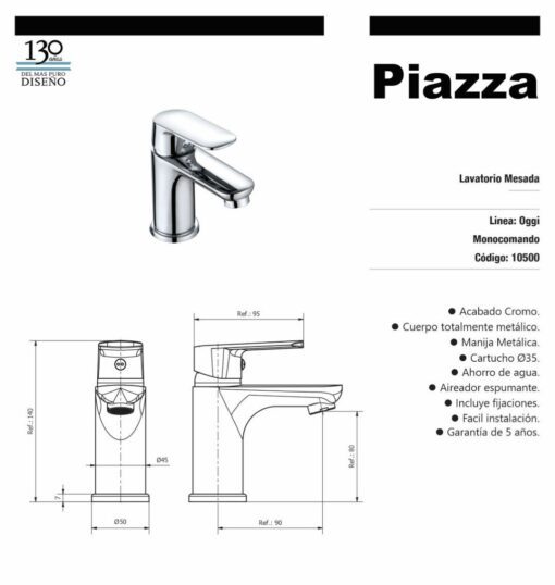 Lavatorio Mesada Oggi Cromo Piazza 10500 - Imagen 2
