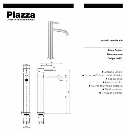 Lavatorio Mesada Alto Cromo Sensus 10802 Piazza - Imagen 2