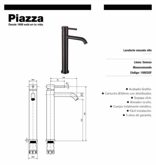 Lavatorio mesada alto Sensus Grafito Piazza 10802GF - Imagen 2
