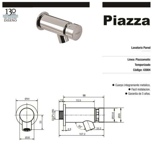 Lavatorio Temporizado De Pared Piazzamatic Piazza 43004 - Imagen 2