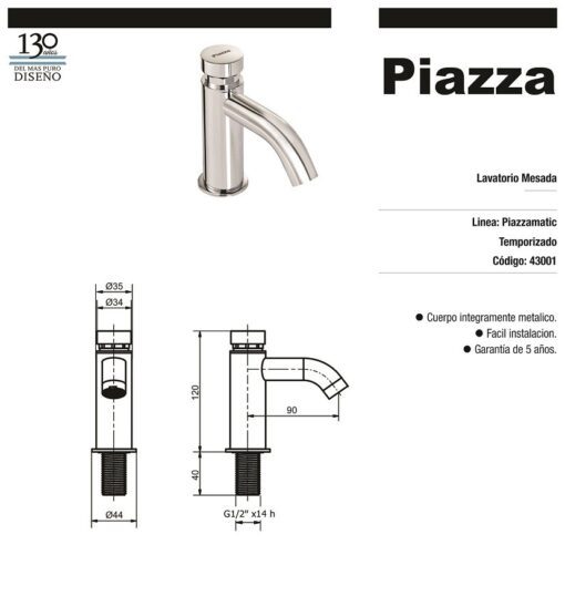 Lavatorio Temporizado Mesada cromo Piazzamatic 43001 - Imagen 2
