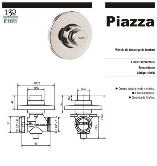 Válvula De Descarga Para Inodoro Línea Piazzamatic Piazza 43036 - Imagen 2